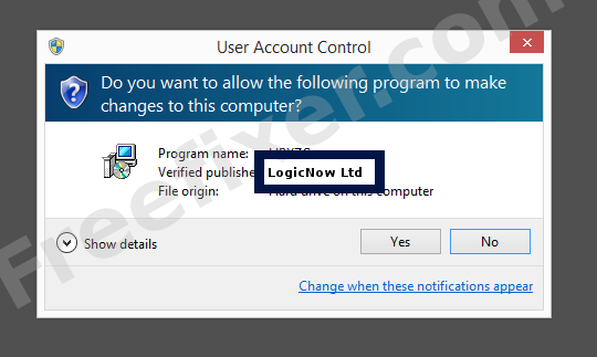 Screenshot where LogicNow Ltd appears as the verified publisher in the UAC dialog